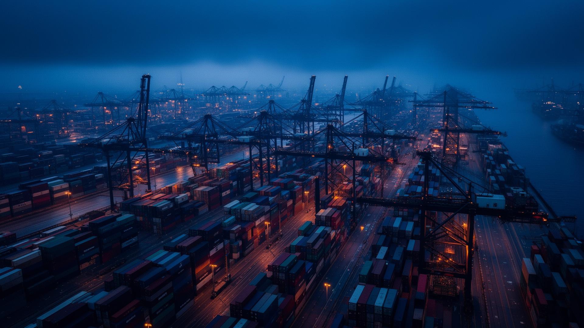 Porto de containers no horário azul